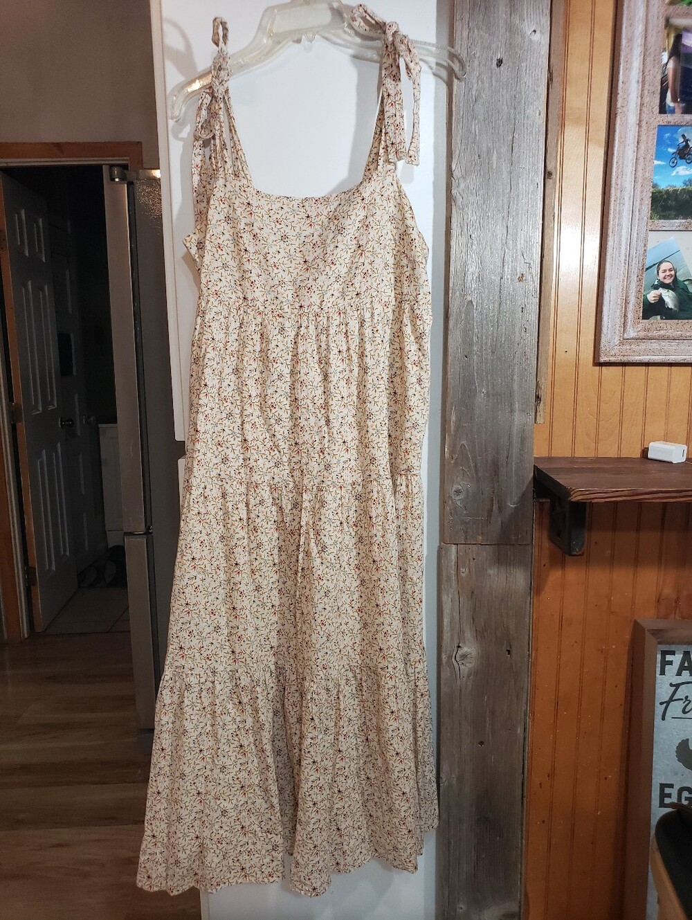 Madewell Midi/maxi Long Antique Cream Flowy Tiered Dress Med Tie Straps